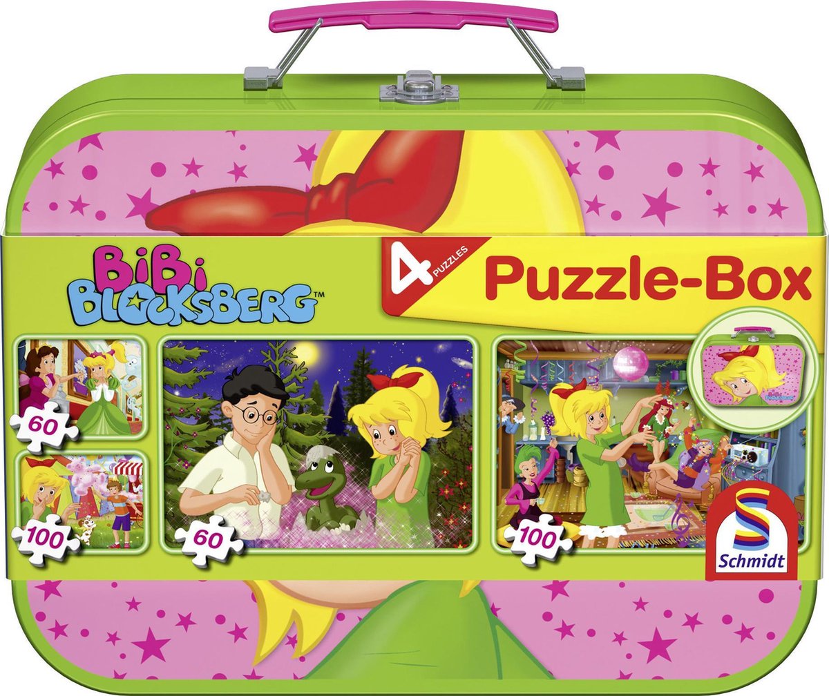 Schmidt - puzzle - bibi blockberg, scatola puzzle, 2x60 2x 100 pezzi in custodia di metallo - bambini - dai 6 anni