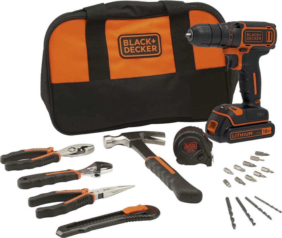 Trapano avvitatore a batteria Black+decker bdcdc18htsa, 18 V, incluso set di attrezzi da 20 pezzi e borsa