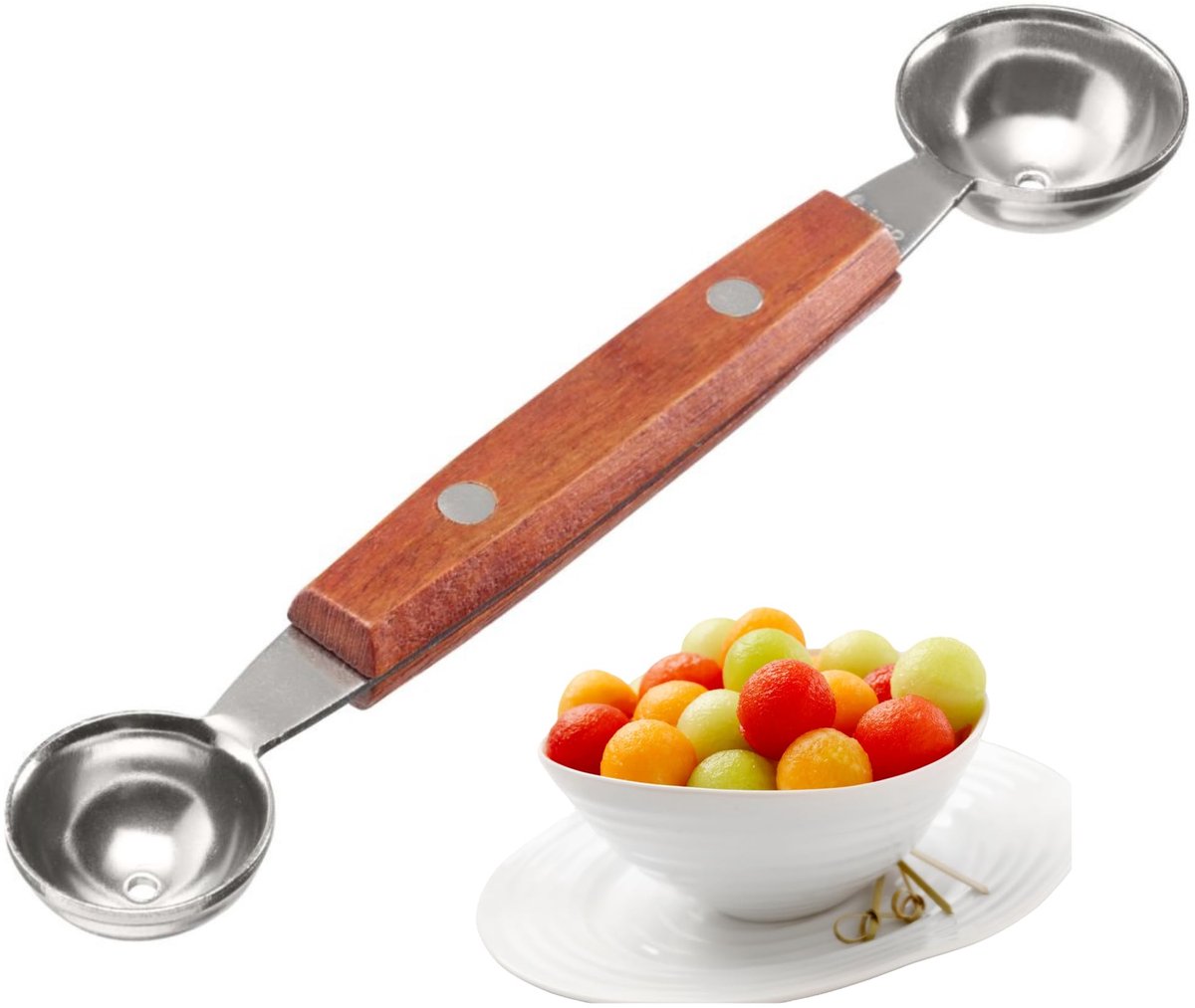 Westmark cortador de bolas de doble cara woody - pequeño fabricante de bolas para melón, kiwi, otras frutas y verduras, así como para helado, queso crema o mantequilla - acero inoxidable, madera