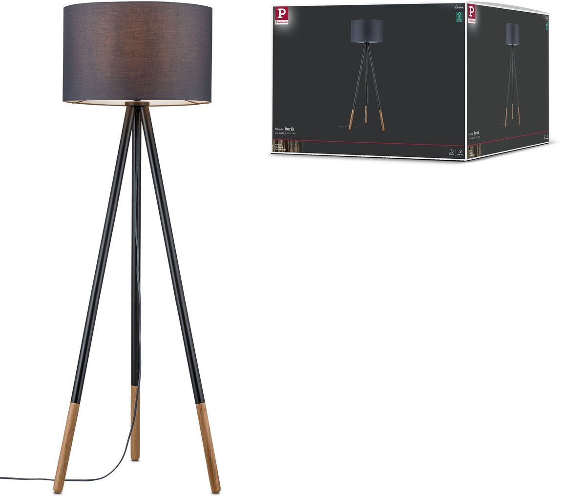 Paulmann neordic lámpara de pie rurik e27 max. 20w gris, madera textil, metal, madera