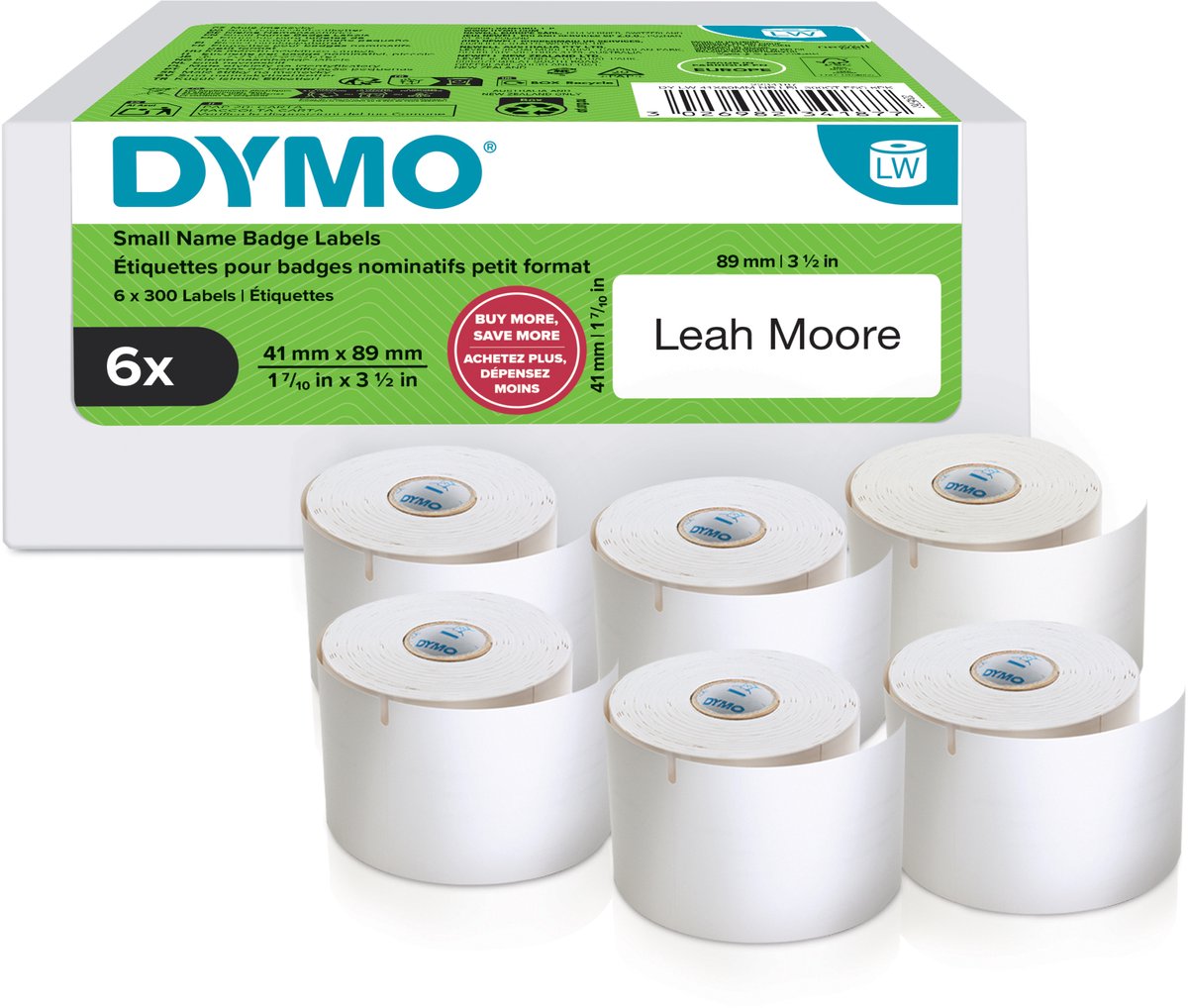 Etichette portanome piccole originali Dymo labelwriter | 41 mm x 89 mm | autoadesivo | 6 da 300 etichette ciascuno (1.800 etichette autoadesive) | per le stampanti per etichette labelwriter | prodotto in Europa