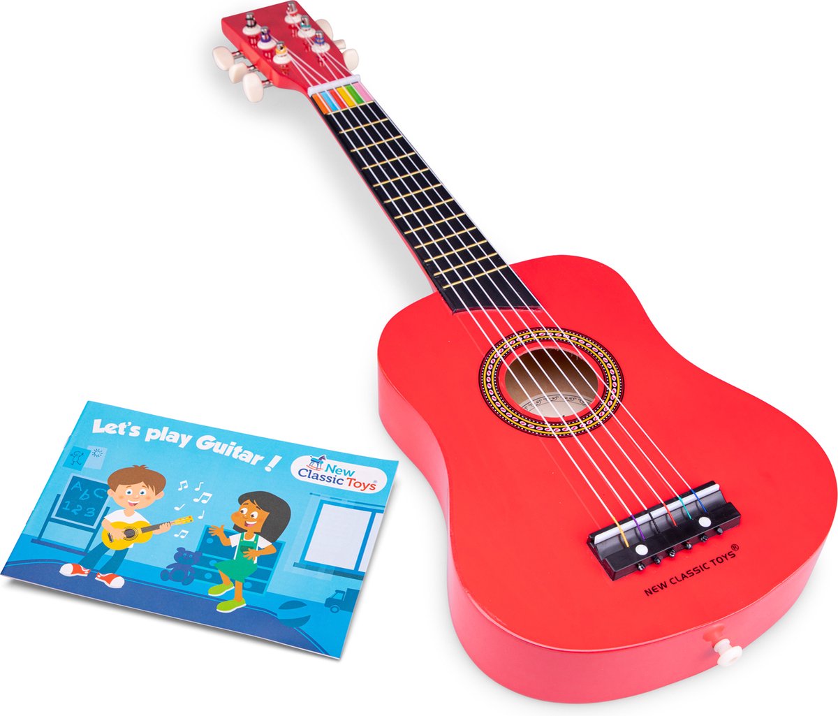 New Classic Toys ® guitarra de juguete de madera con correa de transporte - roja - instrumento de juguete - mi primera guitarra con libro de partituras - tocar la guitarra para niños - a partir de 3 años