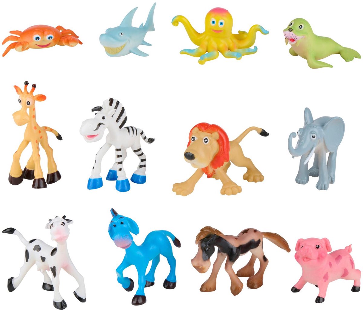 Eddy Toys Juego de juguetes de animales - Figuras de animales de dibujos animados para niños - Mini animales con temática de granja, jungla y mar - Juego de 4 figuras de animales - Plástico - 1 juego aleatorio