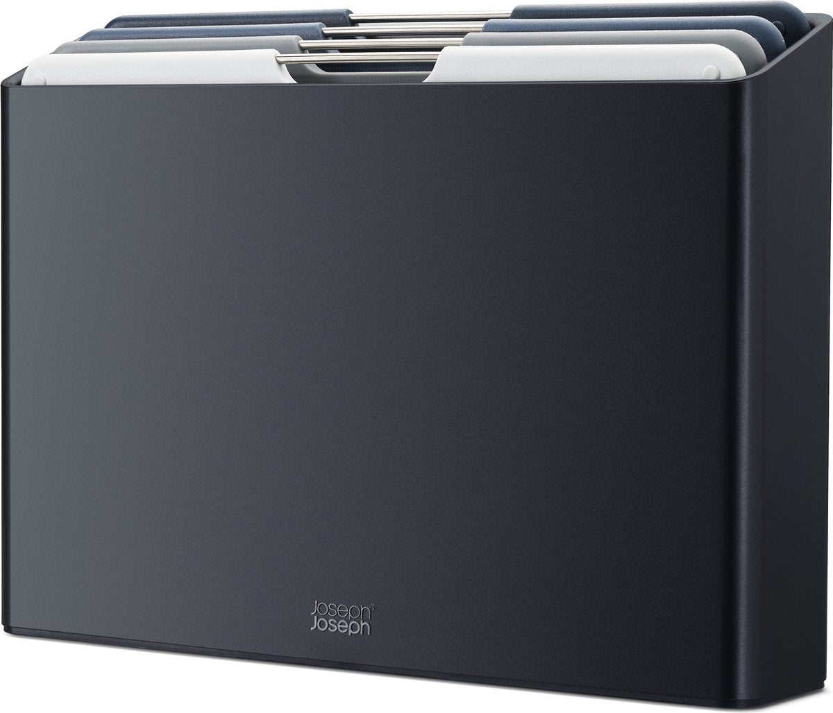 Joseph joseph folio™ snijplankenset 4-delig – large – donkergrijs – kleurgecodeerd – met opbergstand – rvs handgrepen