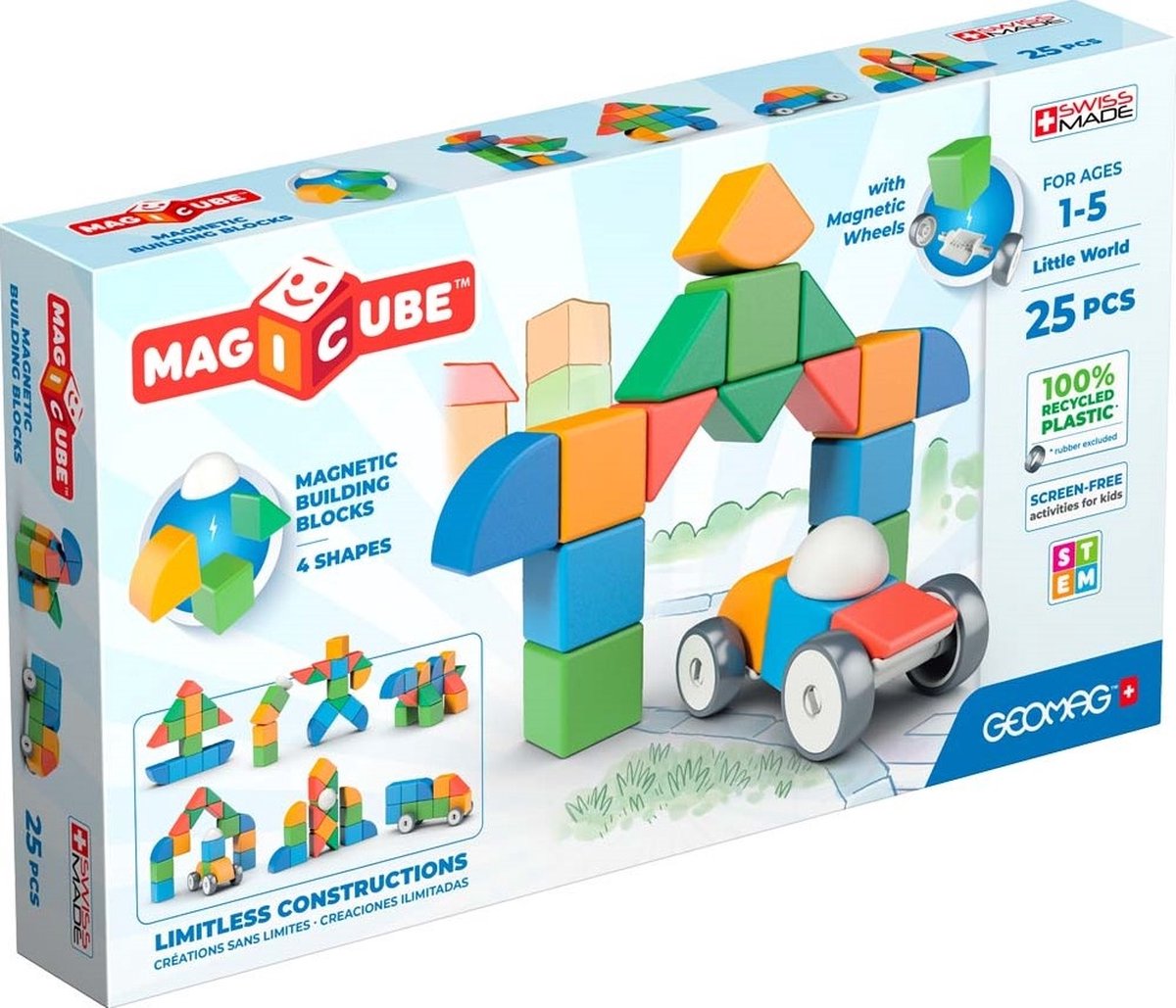 Geomag magicube piccolo mondo - mattoncini magnetici riciclati - 25 pezzi - da 1 anno