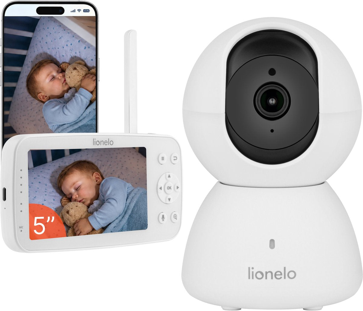 Vigilabebés Lionelo babyline 8.4 con cámara - Monitor de 5 pulgadas y aplicación para smartphone - Full HD 1080p - Vigilabebés WiFi - Detección de llanto, movimiento y sonido - Visión nocturna - Comunicación bidireccional - Alcance de hasta 300 m