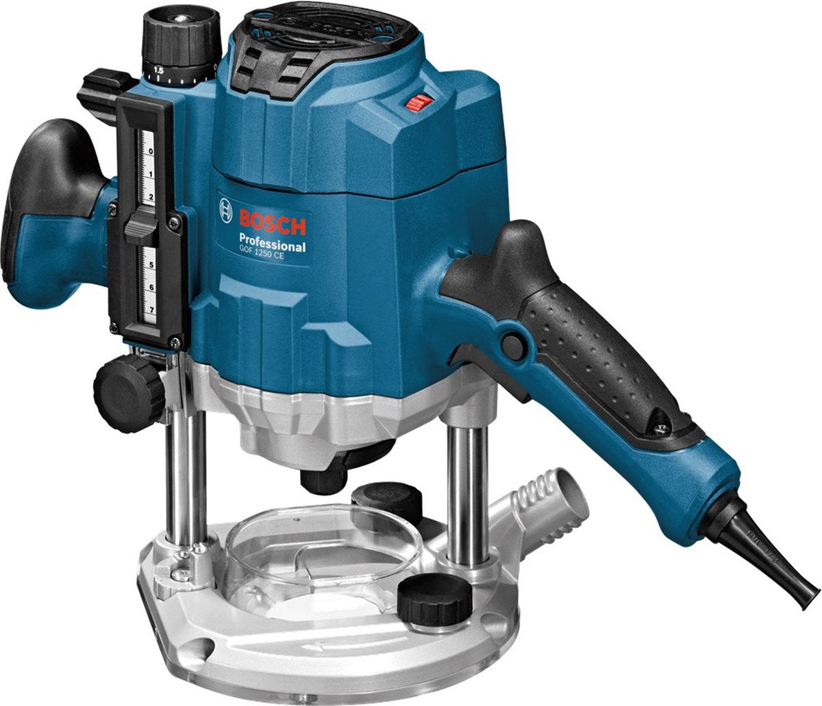 Fresadora Bosch gof 1250 ce (llave de 19 mm, pasador de centrado de 8 mm, funda de copia de 17 mm, guía paralela, funda de copia SDS)