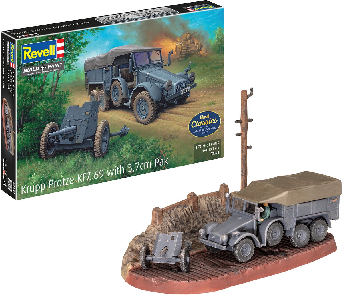 Revell modelbouwpakket militaire voertuigen - 03344 krupp protze kfz 69 with 3,7cm pak plastic - 1:76 - modelbouw