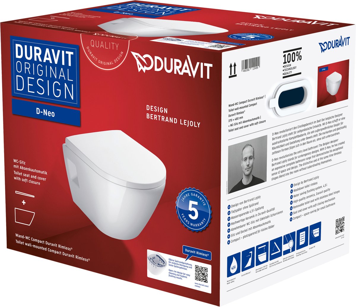 Duravit d-neo wandtoilet met zitting 37x48x40cm wit hoogglans
