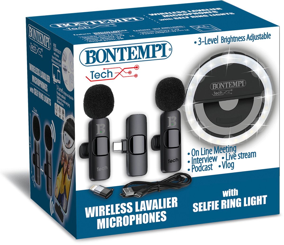Bontempi spa bontempi - microfono con clip da cravatta - 2 microfoni - inclusa luce ad anello per selfie