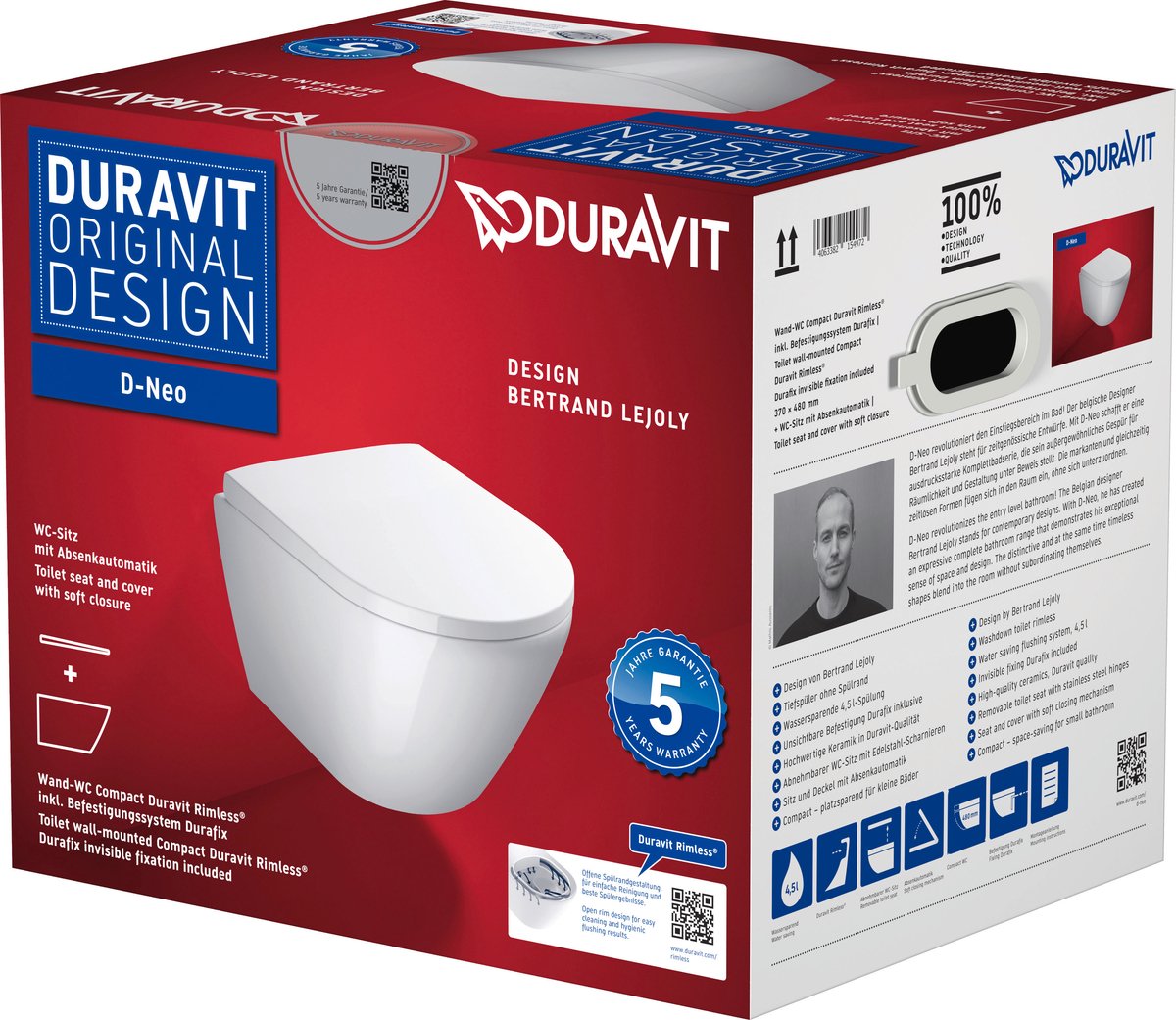 Duravit d-neo pack inodoro suspendido con asiento softclose 48cm blanco