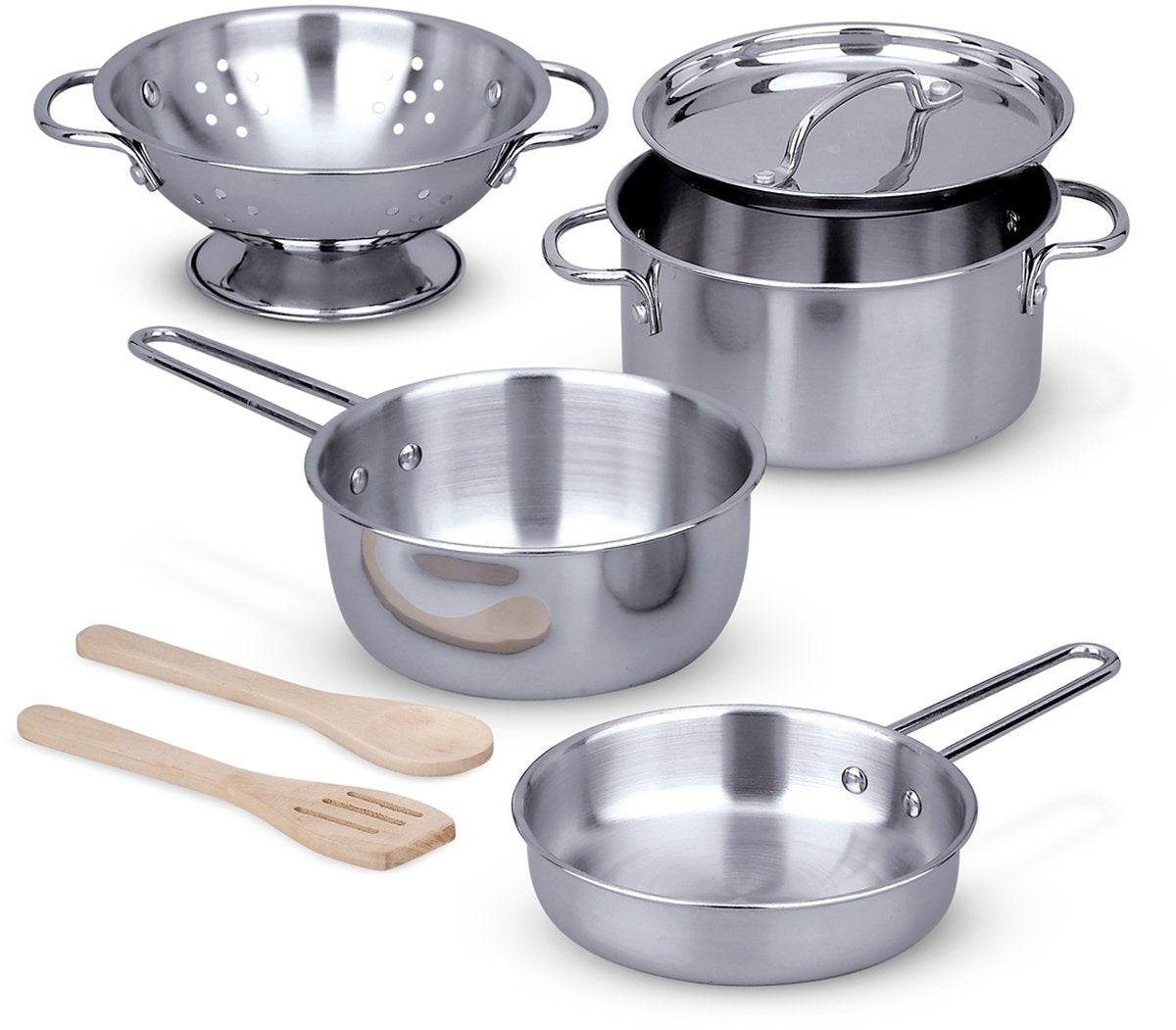 Melissa doug – speelgoedpannenset – 8-delig – rvs – met opbergrek
