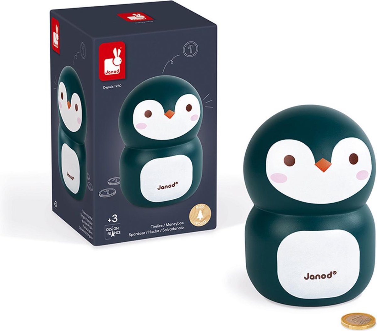 Hucha Janod - Pingüino - Hucha de madera con trampilla en la parte inferior - Apta a partir de 3 años