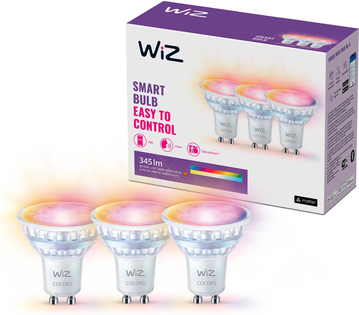 Wiz spot 3-pack - colored and white light - smart LED lighting - gu10 fitting - 50w - glass - wi-fi