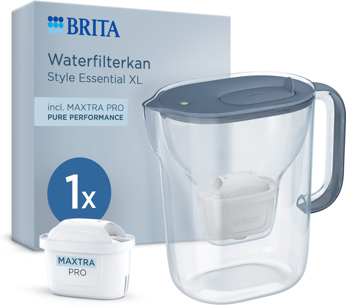 Jarra con filtro de agua Brita style Essential xl - 3,6 l - azul - incl. 1x maxtra pro pure performance: jarra filtrante grande con tapa con bisagras LED con luz inteligente, filtra los contaminantes más
