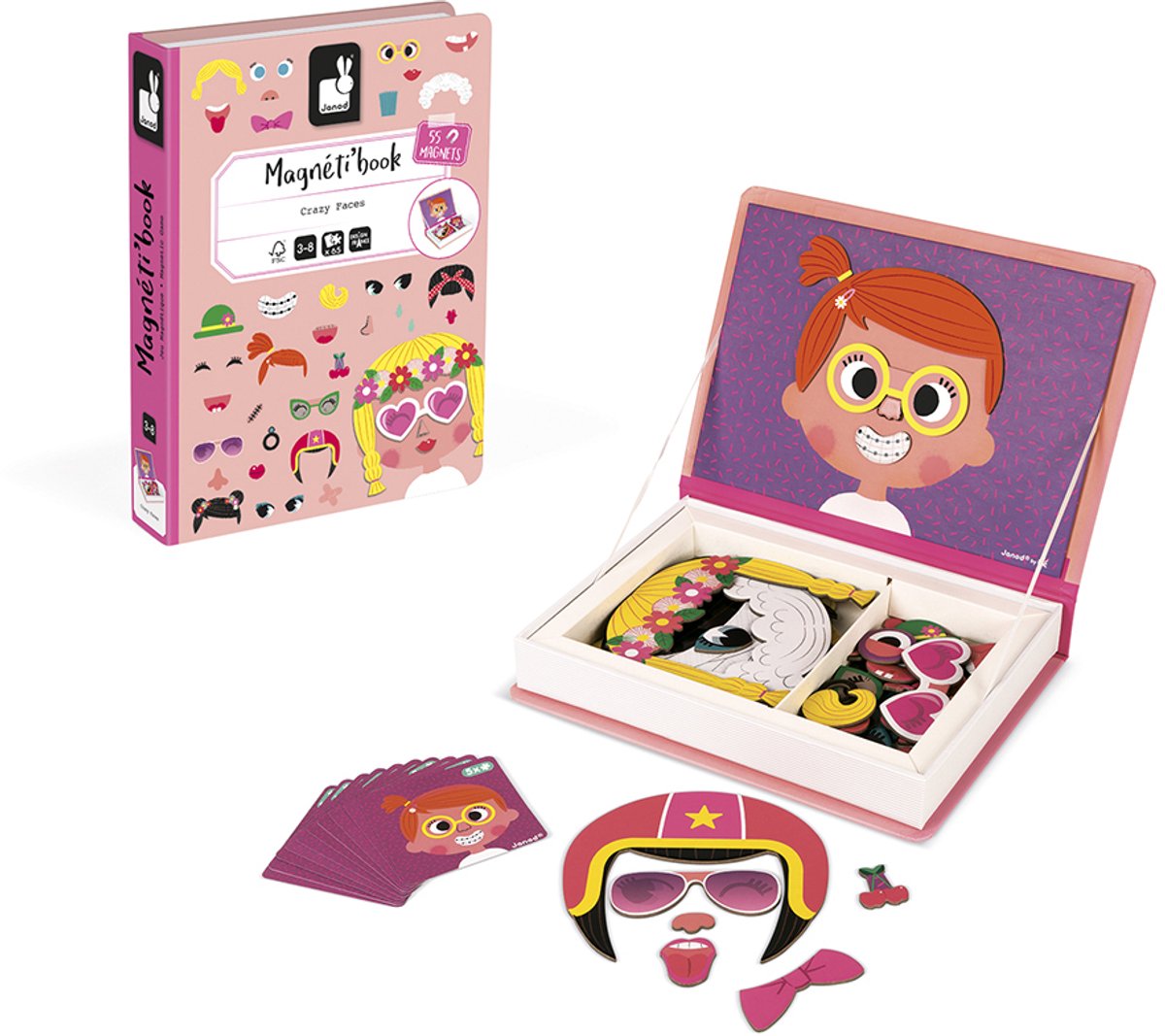 Janod - magnetibook - ragazze con facce pazze - set da gioco con libro magnetico