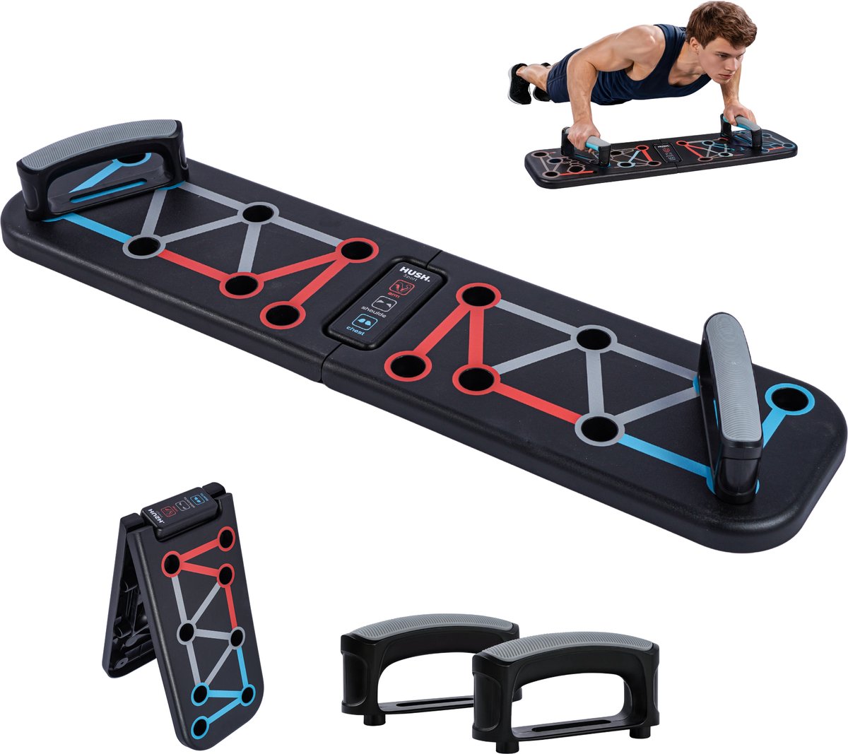 Tavola push up Hush Sport - comprese maniglie - con posizioni di allenamento codificate a colori - per petto, spalle, braccia, schiena - comodamente pieghevole e portatile - max. 150 chilogrammi