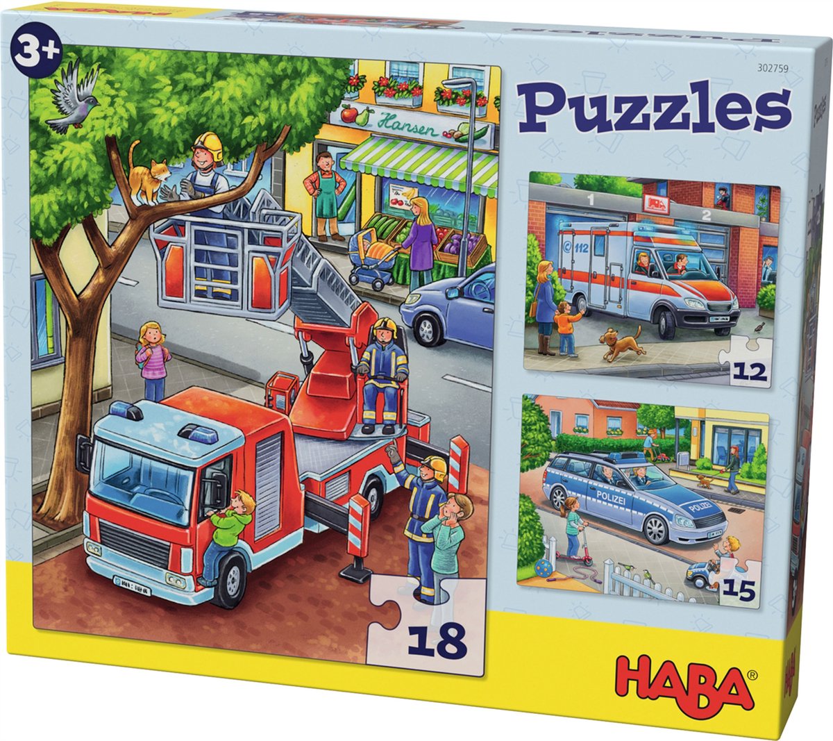 Puzzle Haba - servicios de emergencia de policía y bomberos - 12 15 18 piezas.