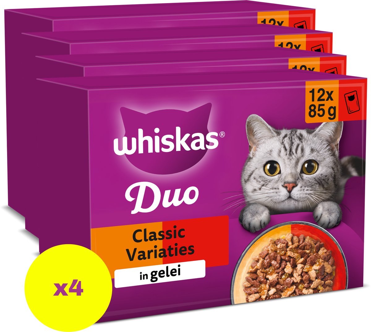 Cibo per gatti Whiskas - adulti 1+ - duo varianti classiche gelatina - 4x12x85g