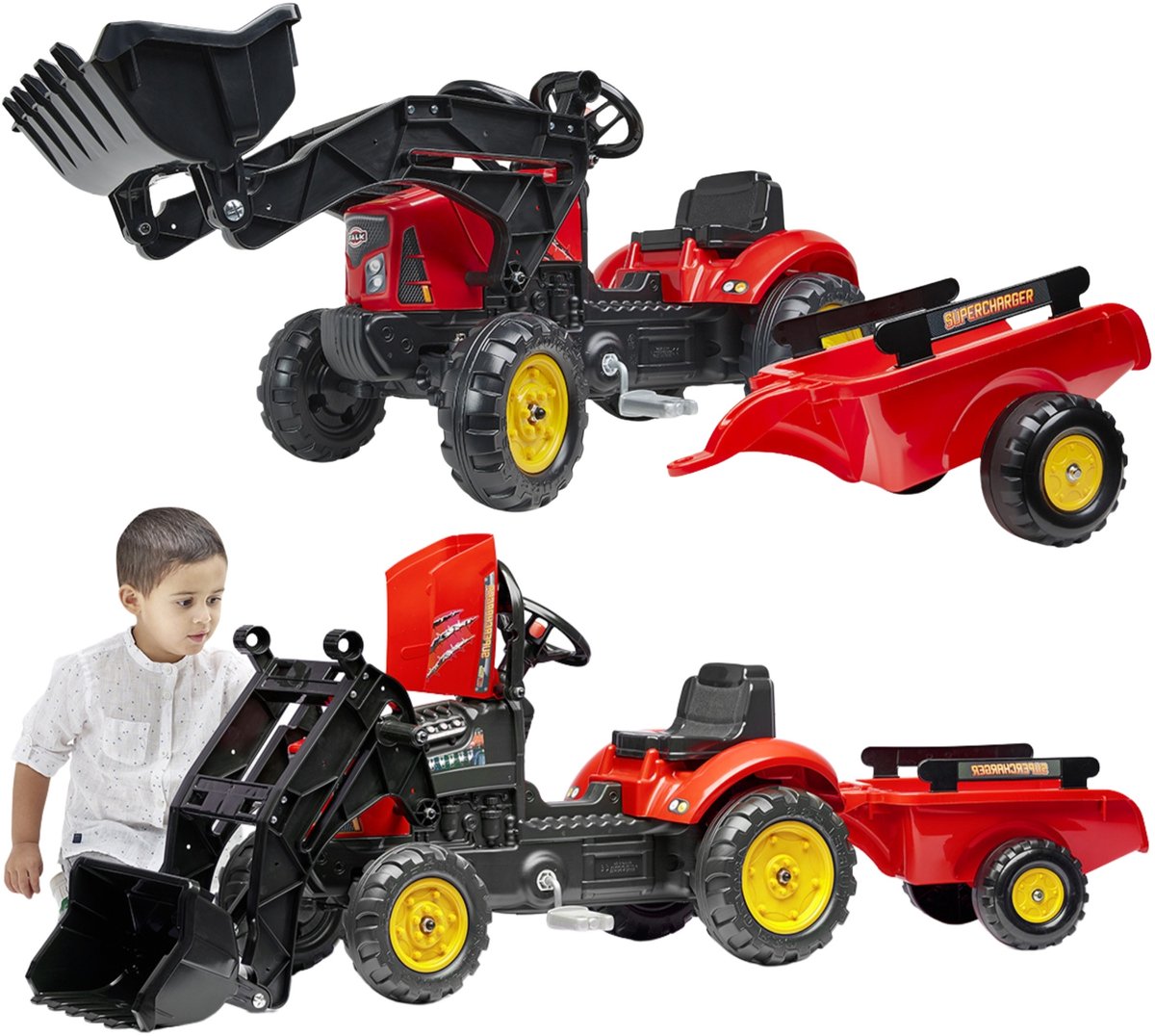 Trattore a pedali Falk rosso compressore con cofano apribile e rimorchio