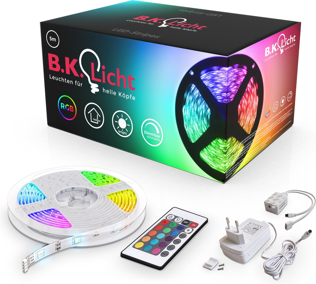 B.K. luce - striscia LED - luci LED da 5 metri - illuminazione RGB - dimmerabile - con telecomando - luce colorata - autoadesiva