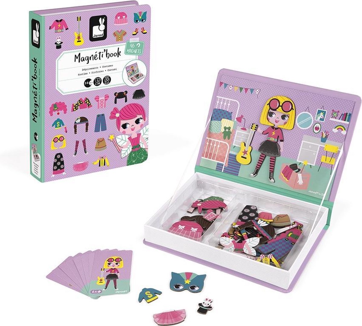 Janod – magnetibook – festa in maschera per ragazze – set da gioco con libro magnetico