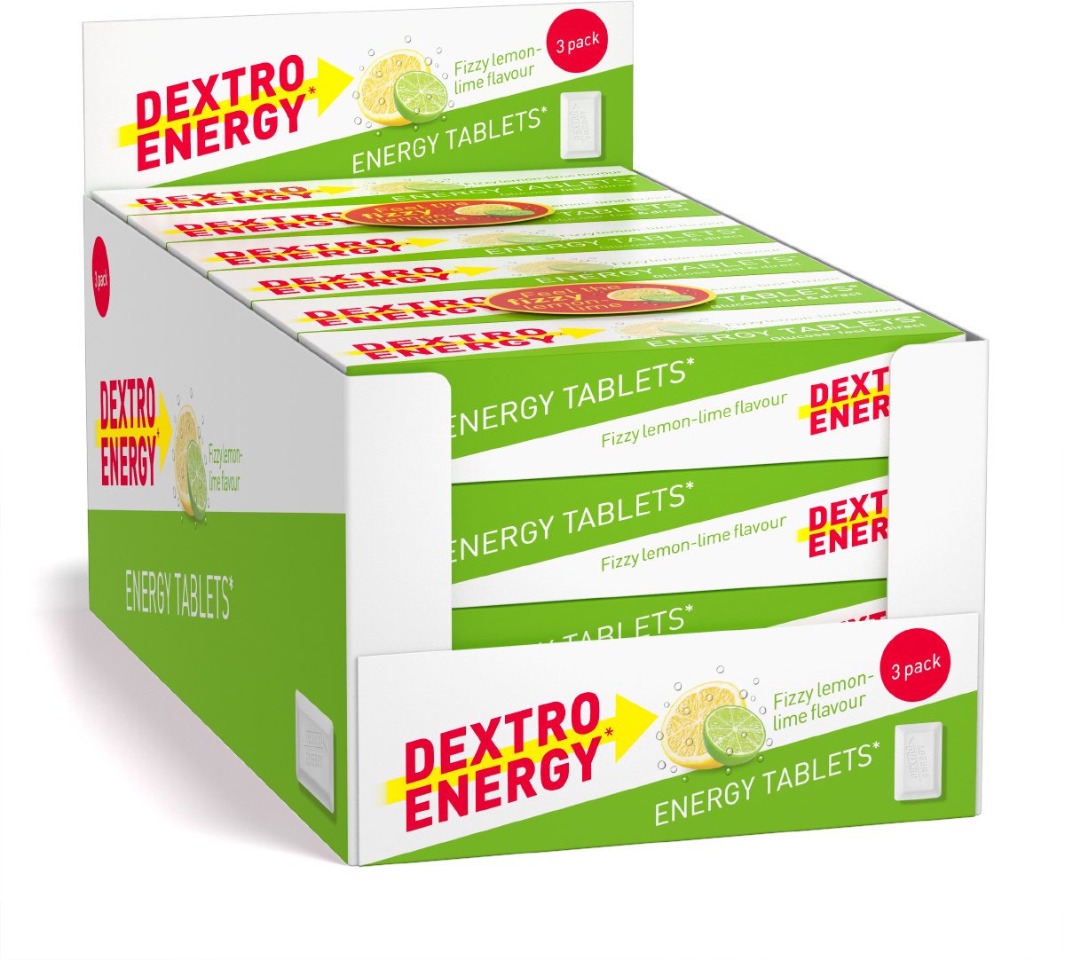 Dextro Energy Fizzy Sour Lemon Lima - 24 x 14 piezas - tabletas de azúcar de uva - dextrosa - azúcares rápidos - extra ácido + efecto efervescente
