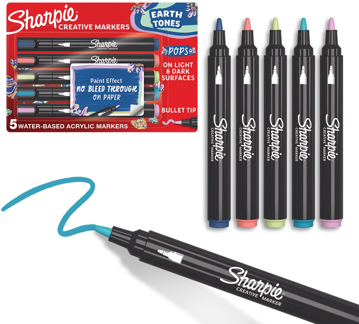 Pennarelli creativi Sharpie Pennarelli a vernice acrilica | toni della terra | pennarelli a base d'acqua | Non sbava, scrive sulla maggior parte delle superfici | punto elenco | forniture per lo studio scolastico | vari colori | 5 pezzi
