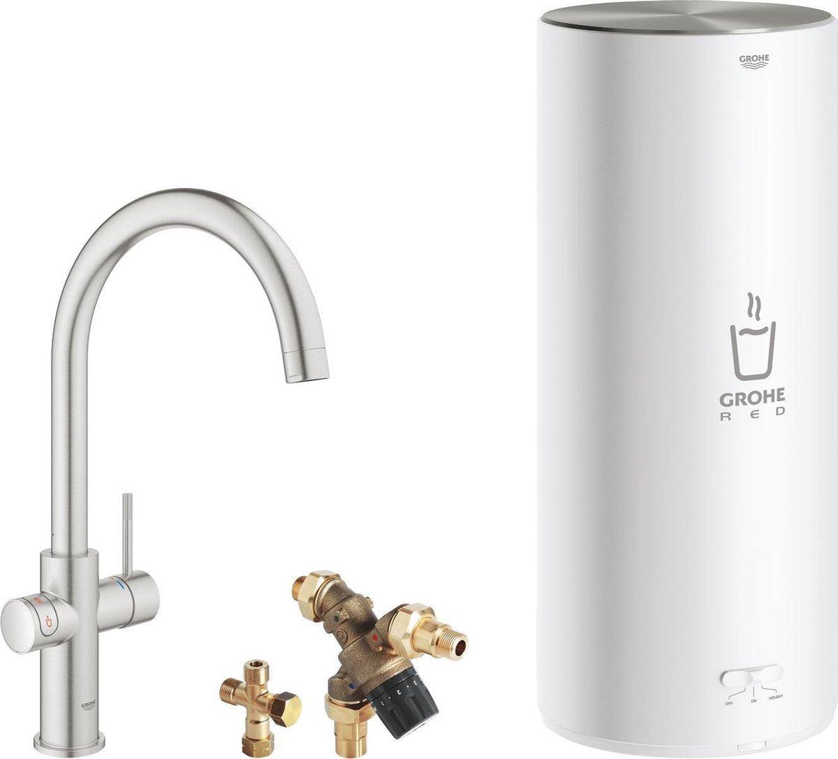 Rubinetto acqua bollente Grohe rosso 3in1 - bocca c - boiler 7l - miscelatore - acciaio inox (supersteel)