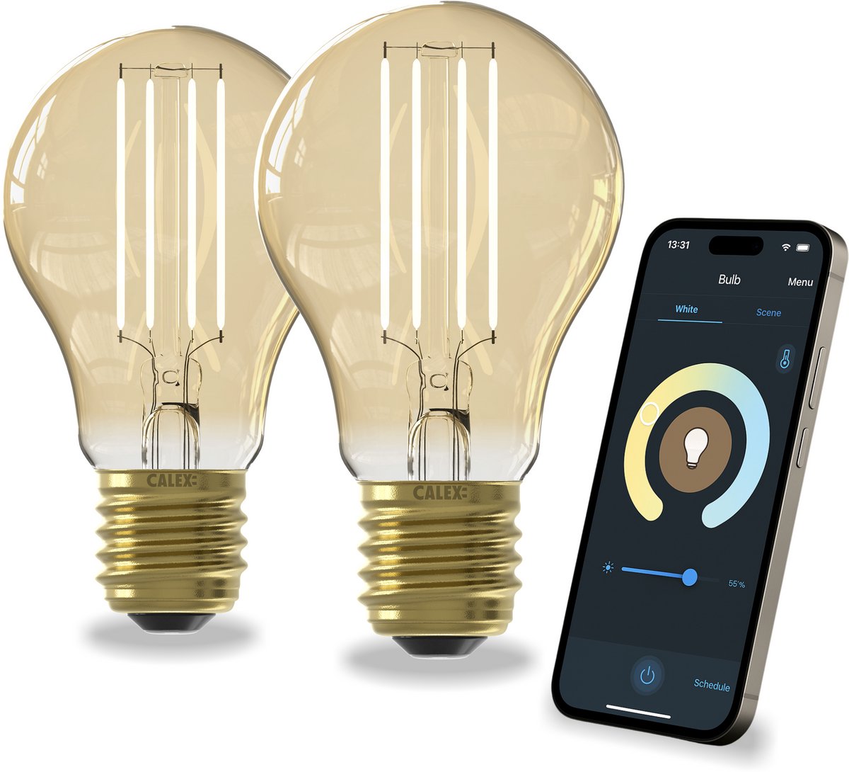 Calex slimme lamp - set van 2 stuks - wifi led filament verlichting - e27 - smart lichtbron goud - dimbaar - warm wit licht - 7w