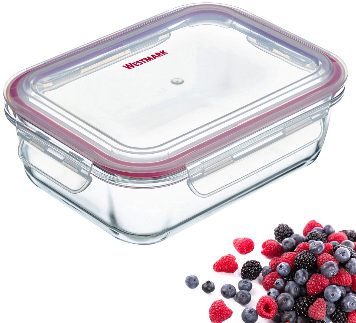 Westmark recipiente para alimentos + tapa, 370 ml, hermético, apto para horno, congelador y microondas, sin BPA, vidrio plástico silicona, rojo transparente, 234122e1
