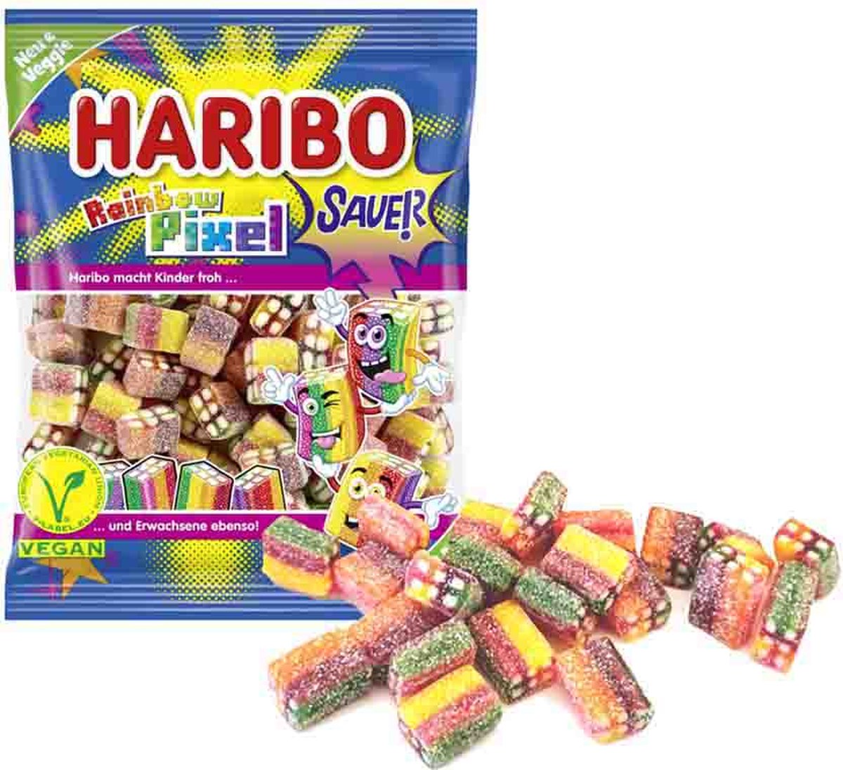 Haribo rainbow pixel f!zz - caramelle acide ai gusti di frutta - sacchetto da 1kg