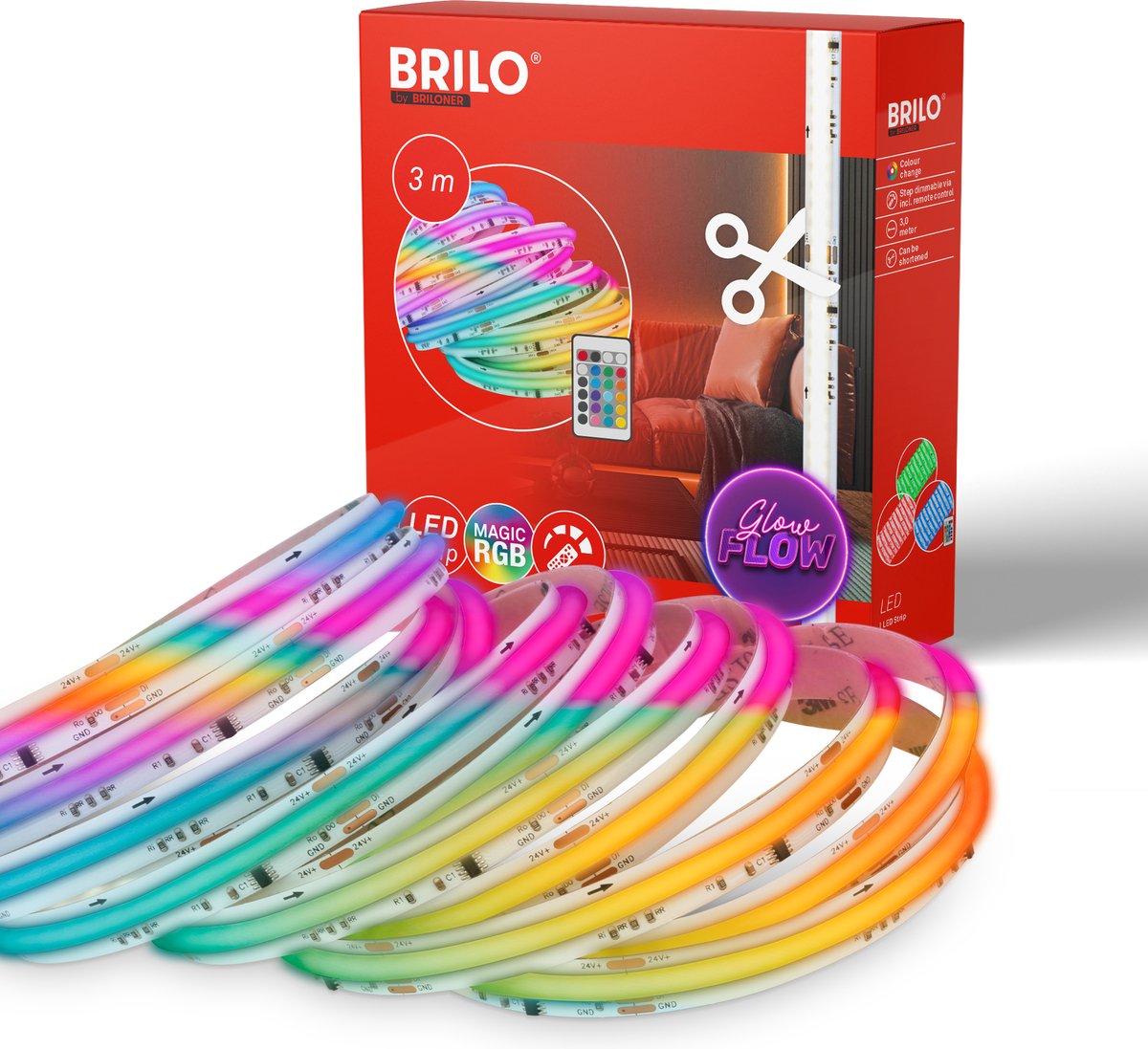 Briloner - striscia led cob 3m - 2322480 - cambio colore dinamico ic rgb - telecomando - autoadesiva - dimmerabile - effetto arcobaleno - 3m - bianco