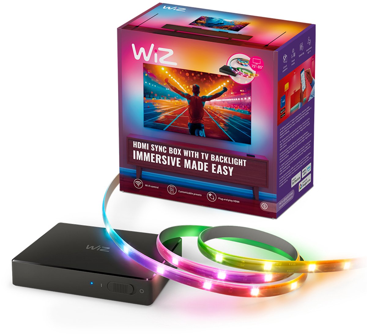 Wiz HDMI sync box con iluminación de TV - kit de inicio de entretenimiento - incluye tira de LED RGBIC para televisores de 75 a 85 pulgadas - sincroniza tu iluminación con películas, juegos y música - HDMI 2.0 - Compatibilidad con 4K a 60 Hz