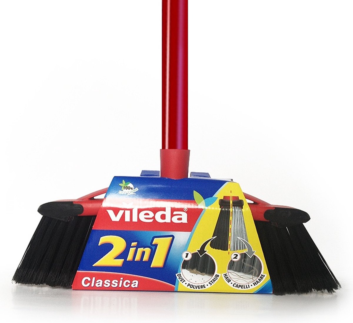 Vileda master - 2 en 1 - cepillo escoba con mango - dos tipos de cerdas = doble poder de limpieza set con postes