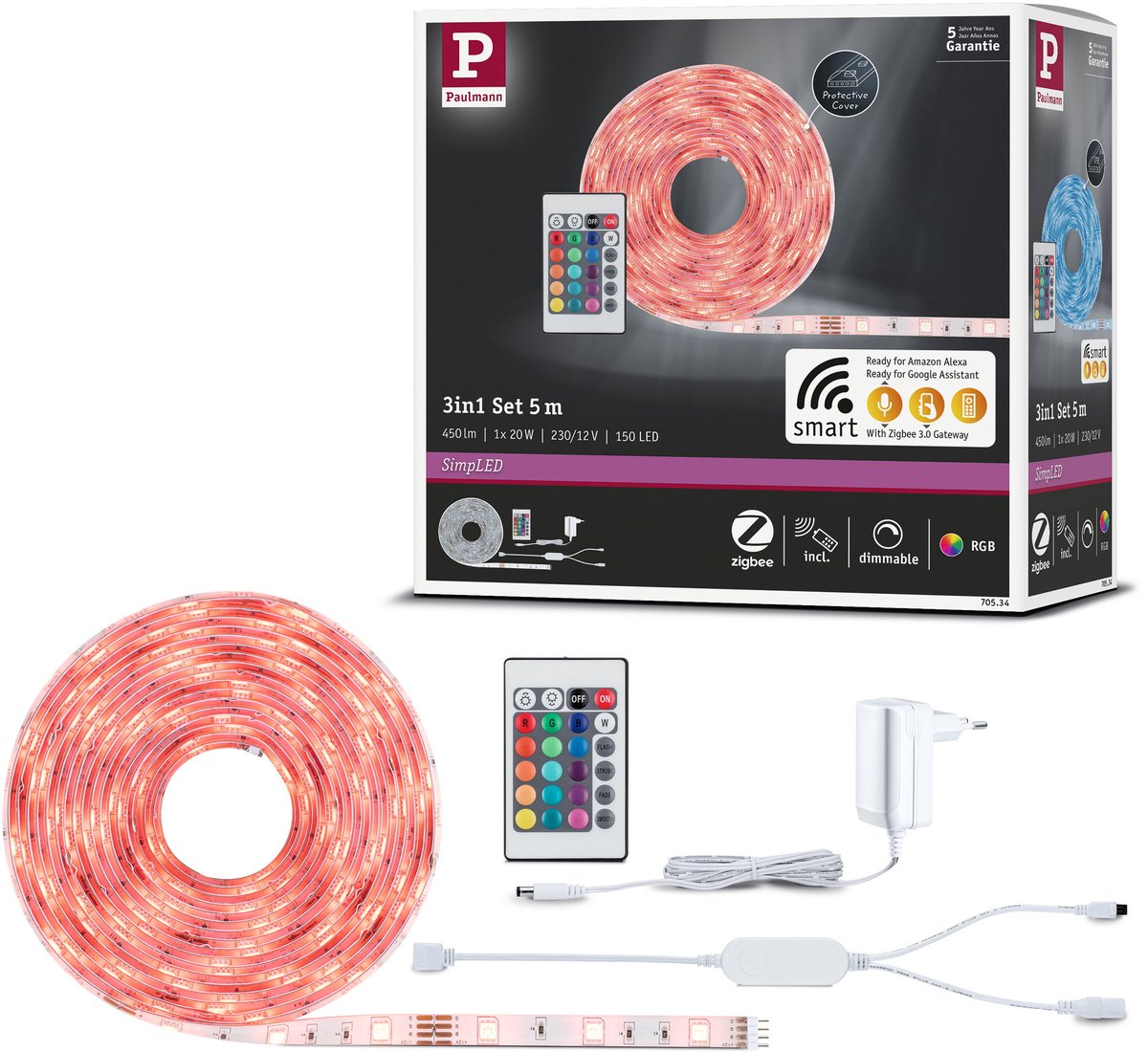 Paulmann simpled led strip 5 meter smart home zigbee 3.0 rgb - plug play set - 20w - 90 lm m - 30 leds m - gecoat - voor binnen