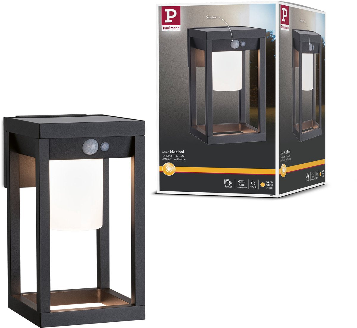 Paulmann Aplique solar LED para exterior Marisol detector de movimiento IP44 3000K 350lm negro