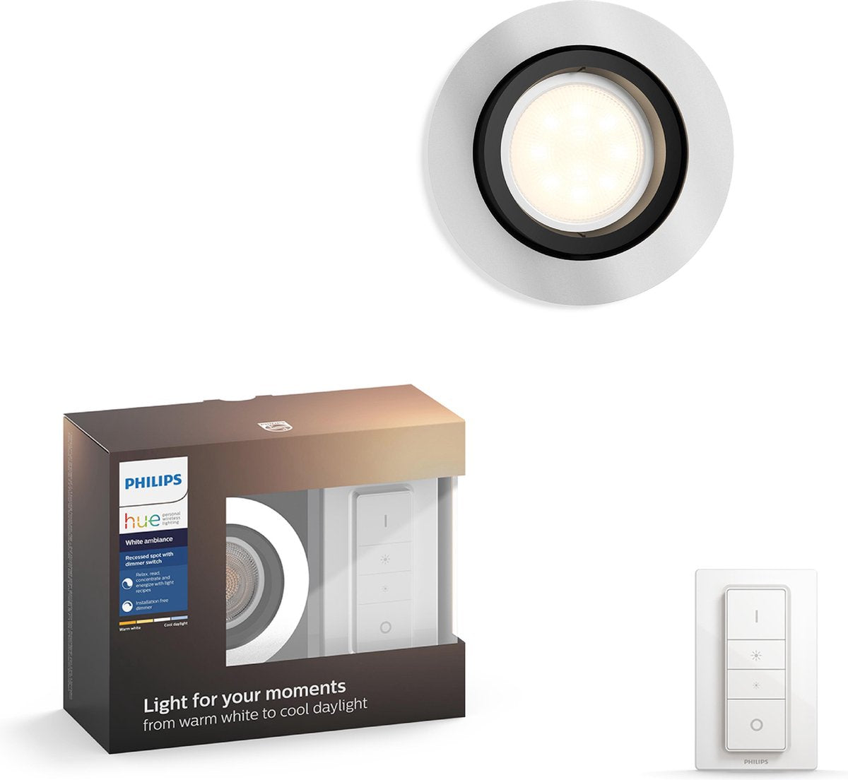 Faretto da incasso a incasso Philips hue milliskin - white ambiance - gu10 - alluminio - 6w - rotondo - incl. interruttore più fioco