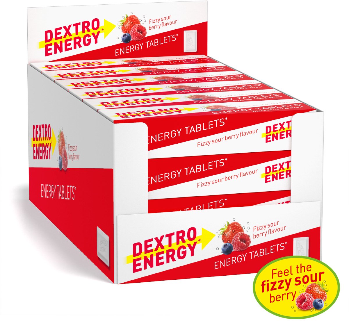 Dextro Energy Fizzy Sour Berry - 24 x 14 piezas - tabletas de azúcar de uva - dextrosa - azúcares rápidos - ácido extra + efecto efervescente