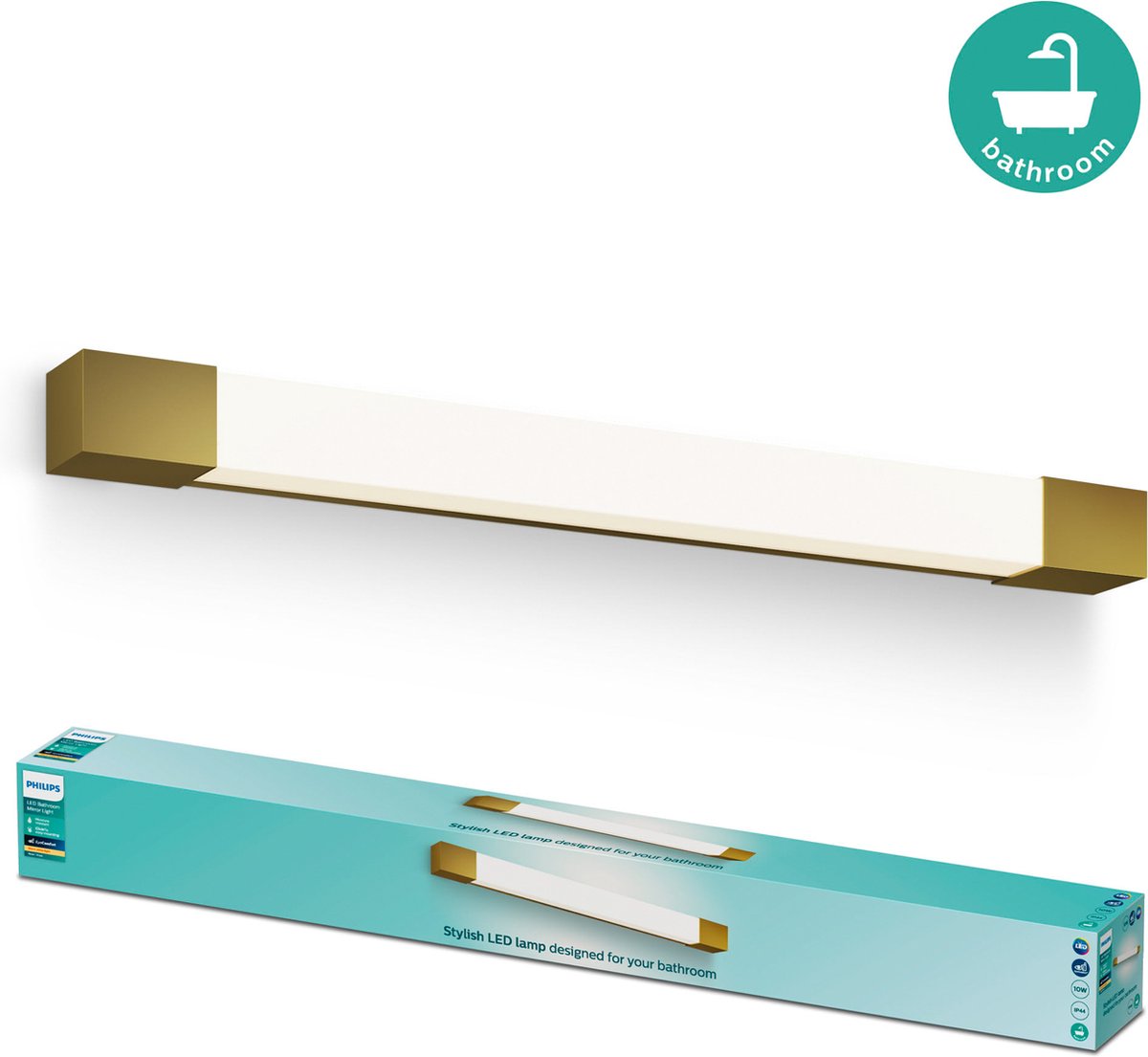 Illuminazione per specchio Philips LED Philips Rover - resistente agli schizzi IP44 - 10W - luce bianca calda - lampada da bagno - rettangolare - color ottone