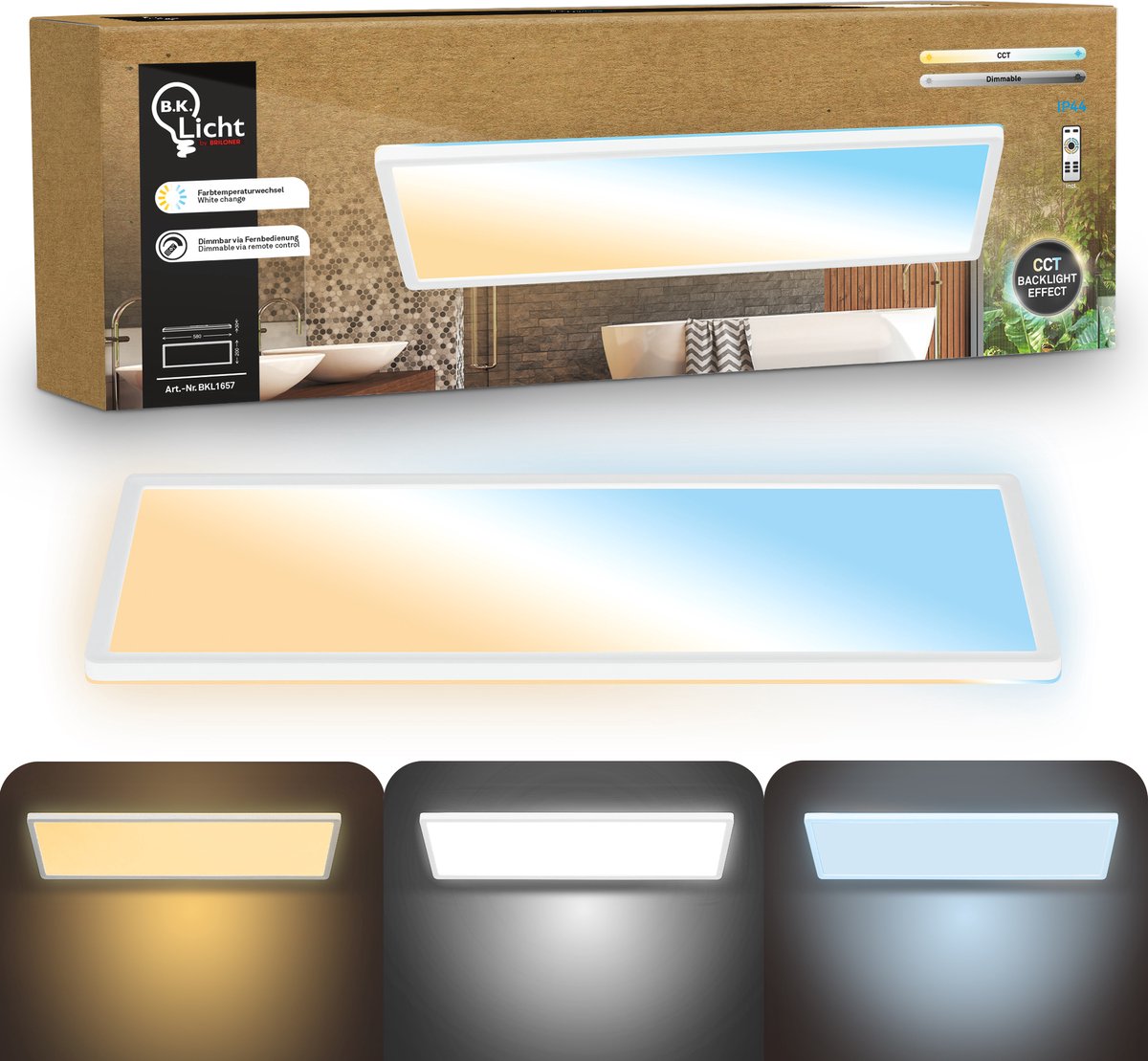 B.K.licht superficiale - lampada da soffitto dimmerabile per bagno - lampada da soffitto con telecomando - illuminazione da bagno con CCT - ip44 - 58 x 20 cm - bianco