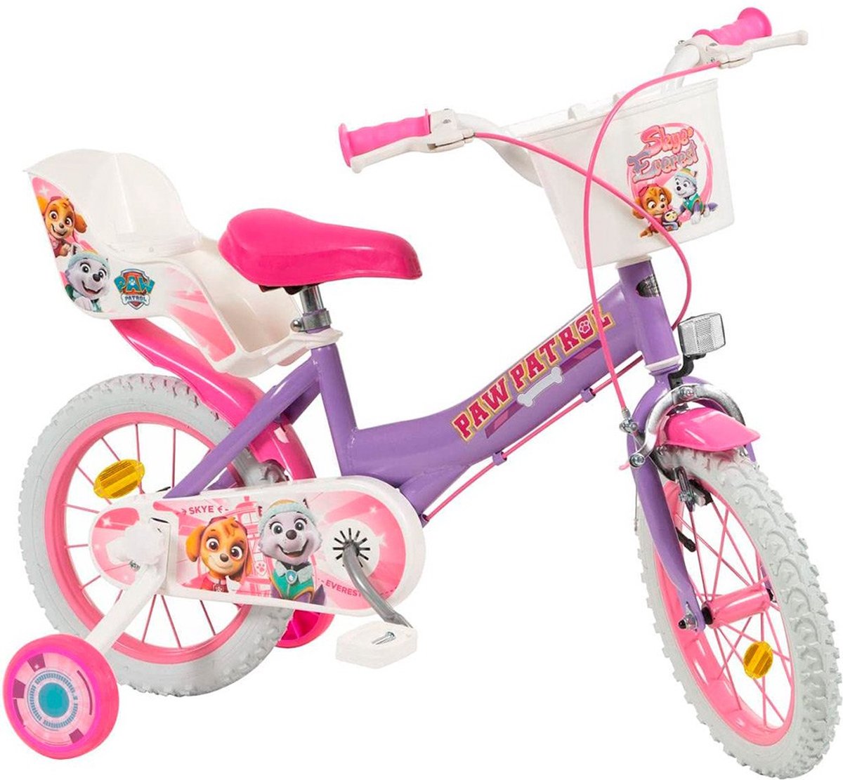Bicicleta infantil Paw Patrol Toimsa - 14 pulgadas - lila violeta - para niñas - incluye ruedines, asiento para muñeca y cesta - de 4 a 6 años