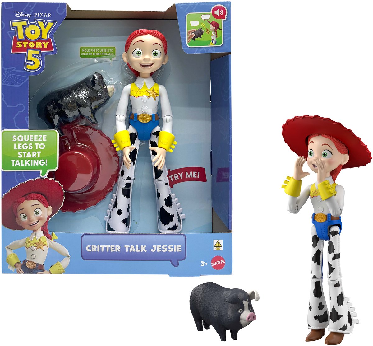 Mattel Disney e Pixar Toy Story 5 Animal Talk Jessie - Action figure da 30 cm e maiale JD con 35 suoni - Francese