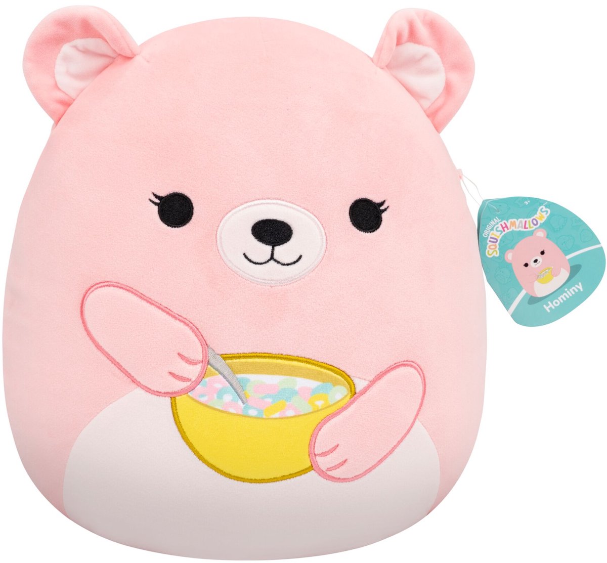 Jazwares squishmallows - medium plush (hominy - peach bear holding cereal bowl) - 30cm plush