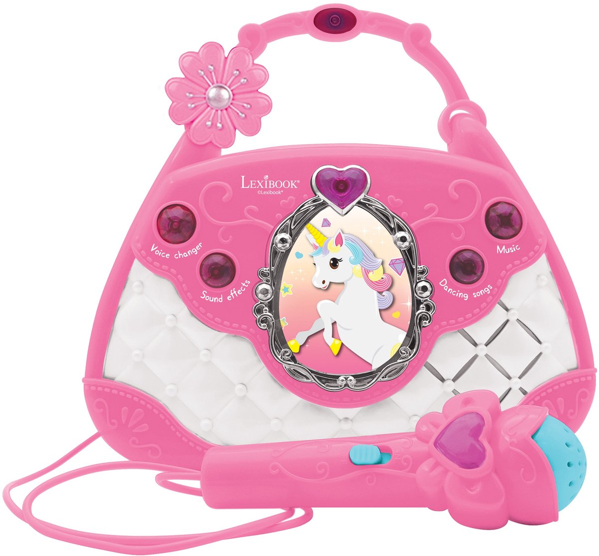 Lexibook unicorn musical speaker handbag design met microfoon, voice changer en line-in cable