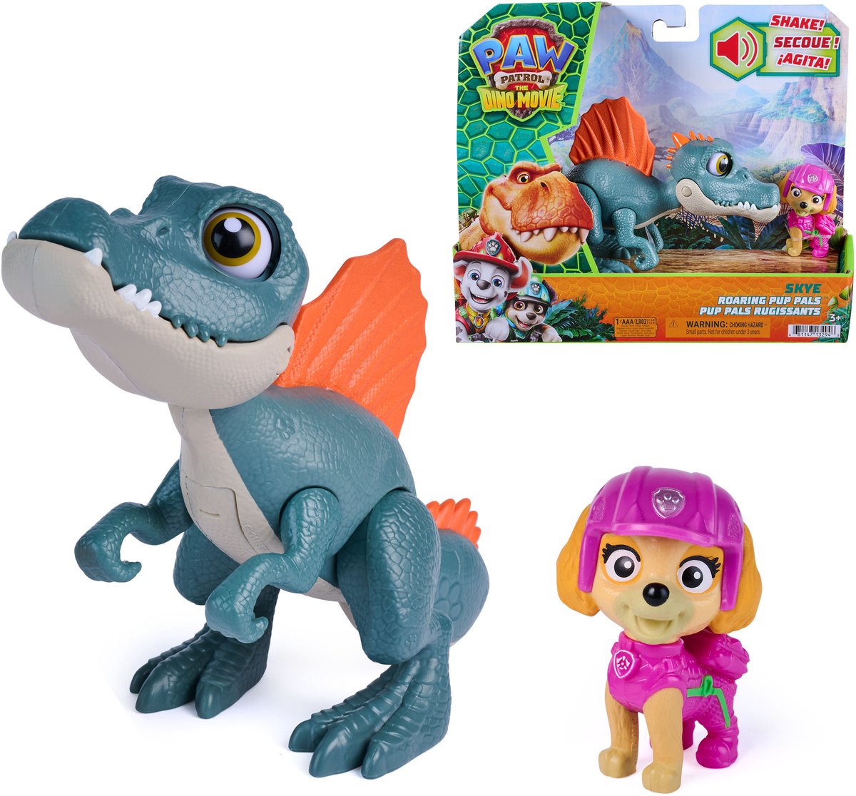 Paw Patrol - The Dino Movie - Skye Roaring Pup Pals, contiene un dinosaurio de juguete móvil de 12,7 cm Spinosaurus con sonidos activados y una figura de acción de Skye