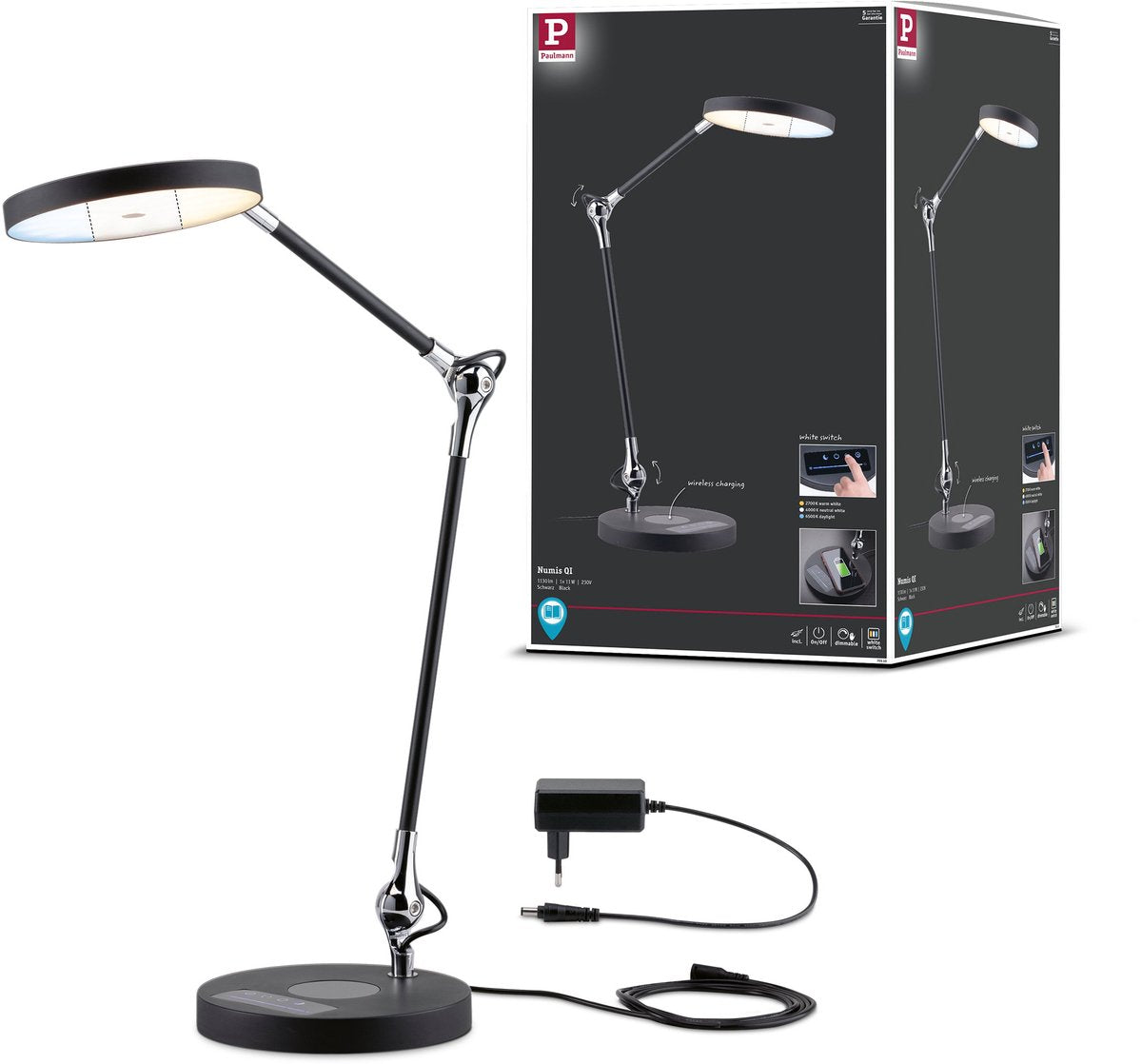 Paulmann led-bureaulamp numis qi white switch 1000lm 11w zwart