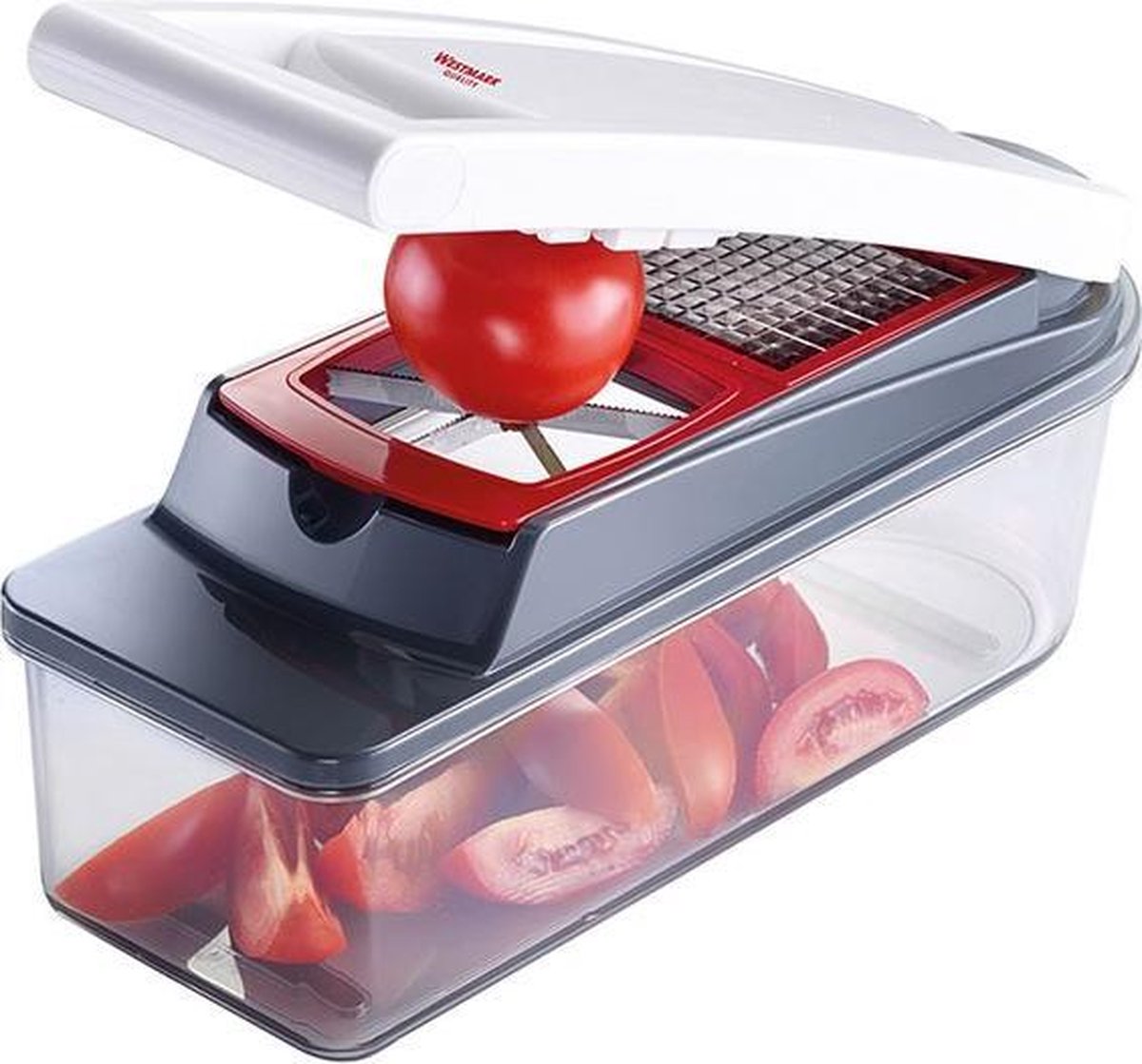 Westmark multicortador con tapa, bandeja recolectora y 5 insertos de corte, 12 piezas, plástico de acero inoxidable, dicer star plus, blanco transparente rojo, 97112260