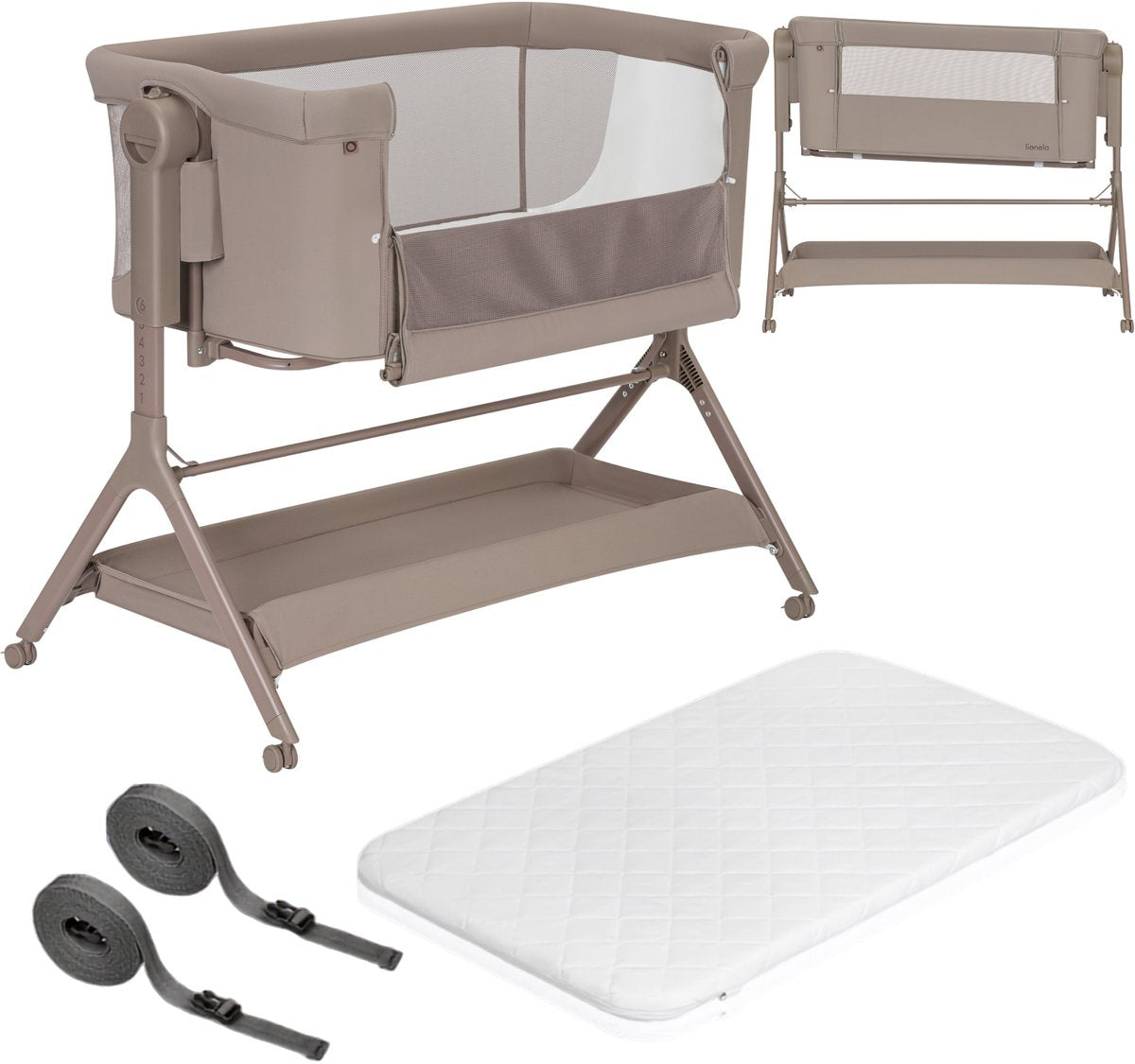 Lionelo Leonie Plus - Cuna y cuna colecho 3 en 1 - Cuna hasta 9 kg - Regulación de altura en 6 niveles - Función de balanceo - Colchón T25 - Cesta portaobjetos - Ruedas - Fundas desenfundables
