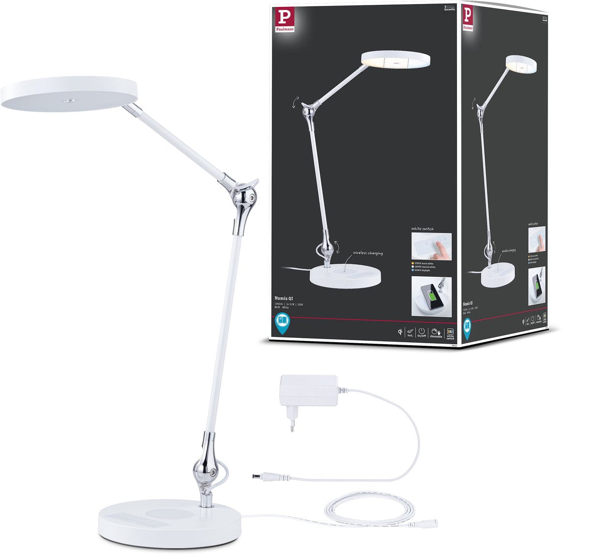 Paulmann led-bureaulamp numis qi white switch 1000lm 11w wit